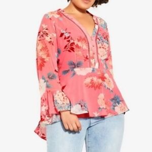 City Chic Pink Floral Flare Blouse - Size 16